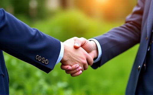 Client and landscaper shaking hands in a garden