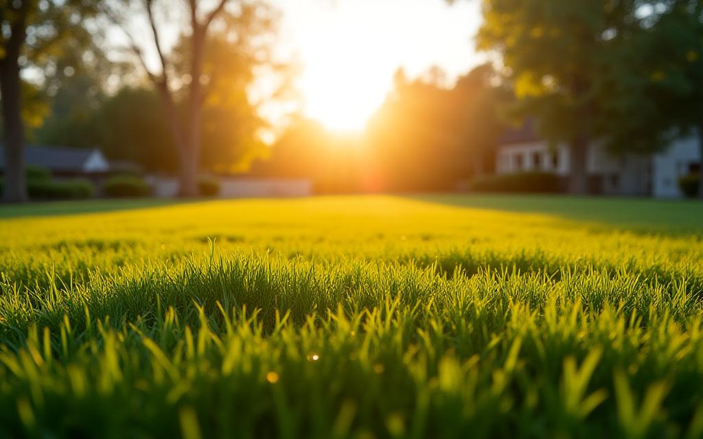 Expansive manicured lawn bathed in golden sunset light